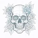 A creative interpretation of a skull made entirely out of blue crystals and surrounded by black roses tattoo design idea