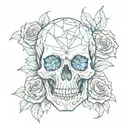 A creative interpretation of a skull made entirely out of blue crystals and surrounded by black roses tattoo design idea