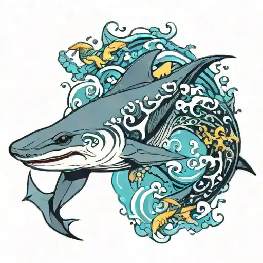 Theme: Nature Elements: Water, Manta Ray, Hammer shark  Style: Traditional Japanese and tribal Color Placement: Lower ar tattoo design idea