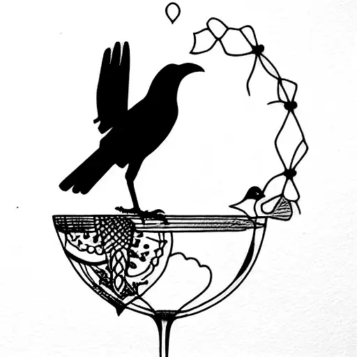A crow drinks wine from a glass tattoo design idea