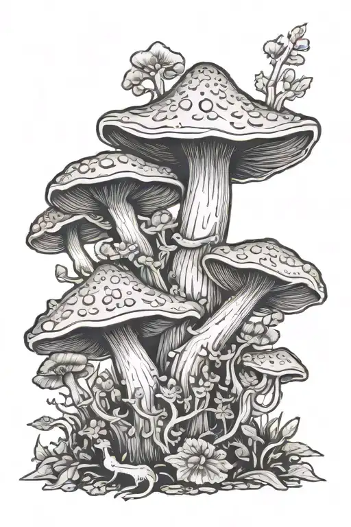 chanterelle mushrooms with a three eyed toad on top tattoo design idea