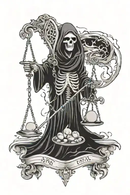 grim reaper holding a scale with an atomically correct heart and brain tattoo design idea