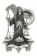 grim reaper holding a scale with an atomically correct heart and brain tattoo design idea