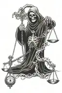 grim reaper holding a scale with an atomically correct heart and brain tattoo design idea