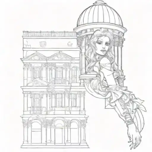 sleeve for woman's arm using gothic architecture, some greek and roman features, a birdcage, elegant witchy woman tattoo design idea