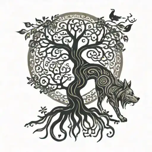 Yggdrasil tree, dog pas print below tattoo design idea
