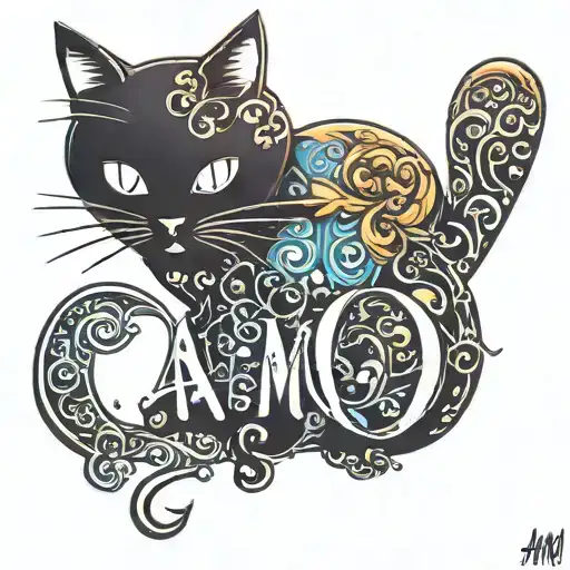 A tattoo design combining the word 'Amo' with a silhouette of your fat black cat 'Baby' tattoo design idea