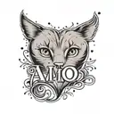 A minimalist tattoo of a heart with the word 'Amo' inside, surrounded by small paw prints to represent your love for your cat 'Baby' tattoo design idea
