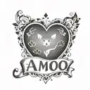 A minimalist tattoo of a heart with the word 'Amo' inside, surrounded by small paw prints to represent your love for your cat 'Baby' tattoo design idea