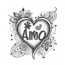 A minimalist tattoo of a heart with the word 'Amo' inside, surrounded by small paw prints to represent your love for your cat 'Baby' tattoo design idea