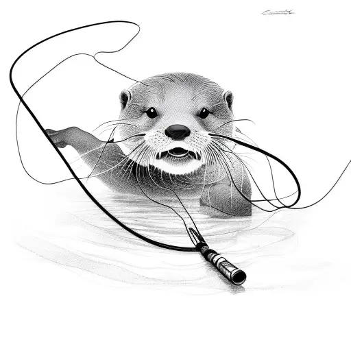 line drawing. otter tangled in fly fishing line tattoo design idea