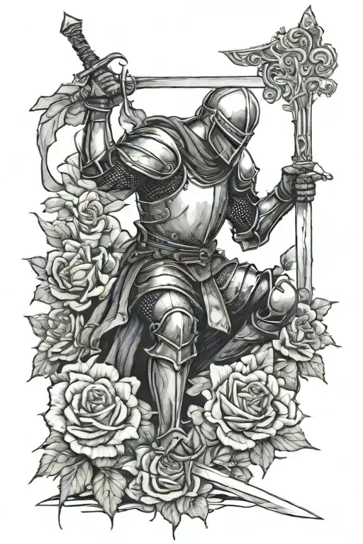 Knight kneeling on one knee, holding sword buriedd in the ground, surrounddedd by roses tattoo design idea