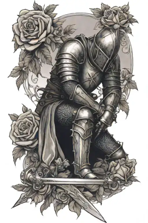 Knight kneeling on one knee, holding sword buriedd in the ground, surrounddedd by roses tattoo design idea