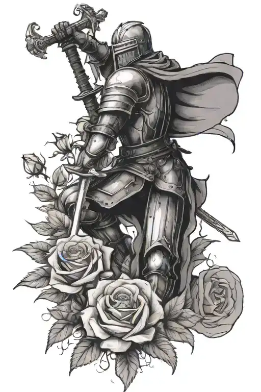 Knight kneeling on one knee, holding sword buriedd in the ground, surrounddedd by roses tattoo design idea