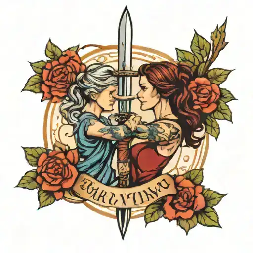 a mother and son matching tattoos with a tree and sword  tattoo design idea