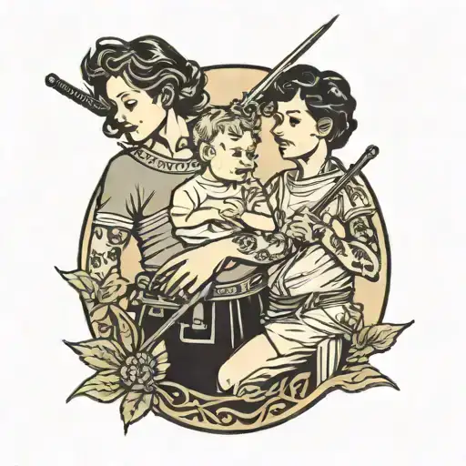 a mother and son matching tattoos with a tree and sword  tattoo design idea