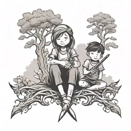a small mother and son matching tattoos with a tree and sword  tattoo design idea