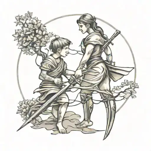 a small mother and son matching tattoos with a tree and sword without people tattoo design idea