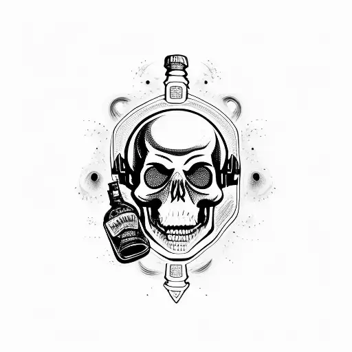 A bottle of Jack Daniels whiskey standing by the DJ console with a skull instead of a cap tattoo design idea