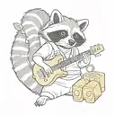 An anime-style raccoon playing a guitar with sushi rolls as musical notes tattoo design idea