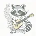 An anime-style raccoon playing a guitar with sushi rolls as musical notes tattoo design idea