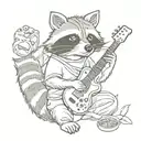 An anime-style raccoon playing a guitar with sushi rolls as musical notes tattoo design idea