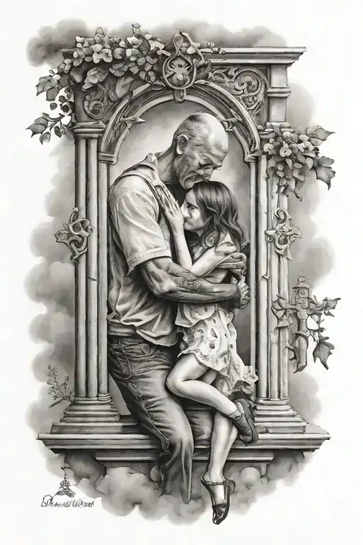 dad and daughter hugging each other in heaven gates tattoo design idea