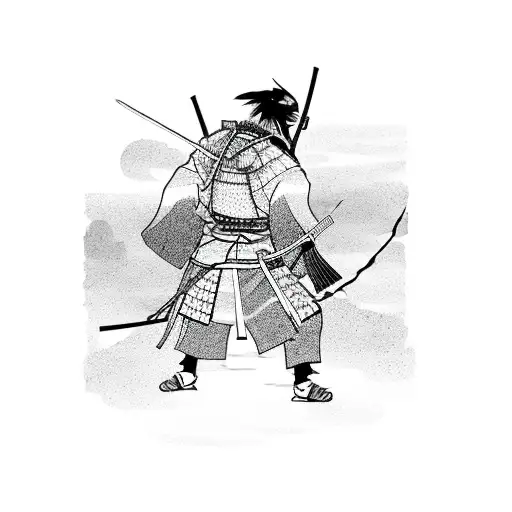 lonely samurai with ravens and sakura branches in a narrow rectangle tattoo design idea