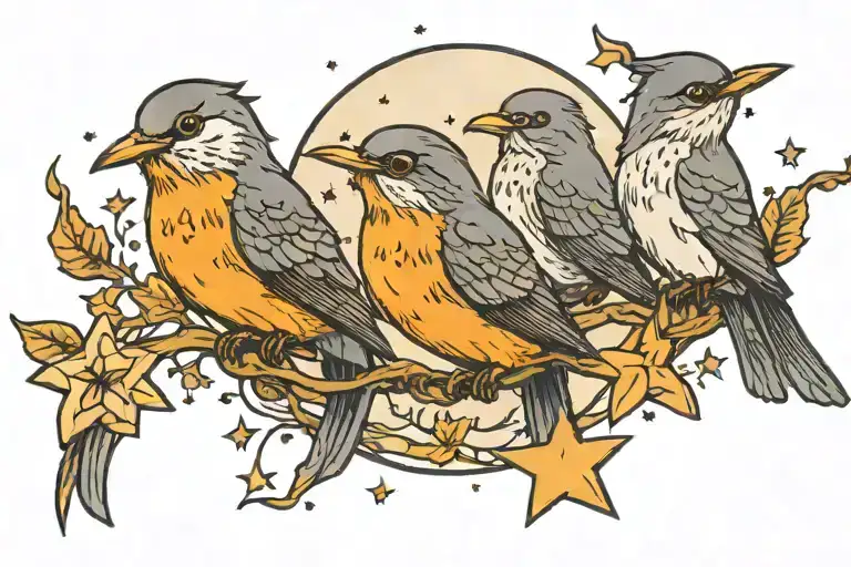 three little birds moon and four stars tattoo design idea