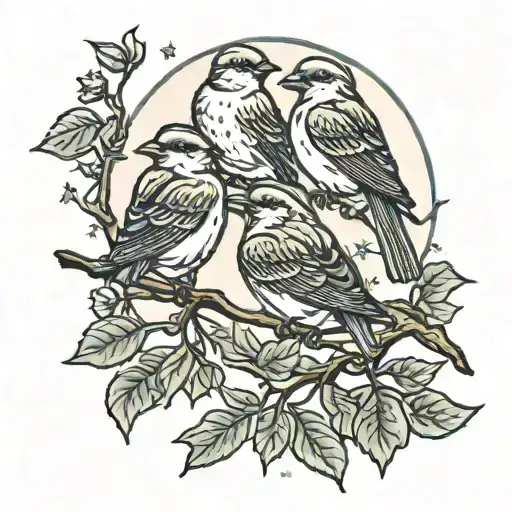 three little birds sitting on a branch with a moon and four stars in the background  tattoo design idea