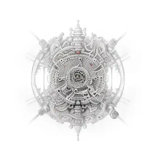 A realistic portrait of a sitar player surrounded by intricate mechanical gears tattoo design idea