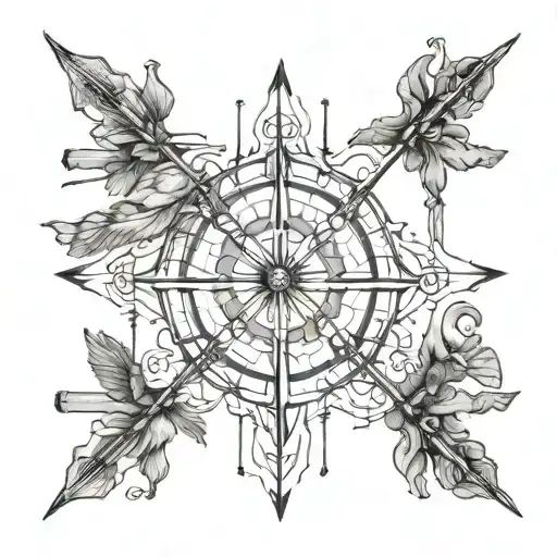 Create image with bow arrows crossing in quadrants with one quadrant with 2018, another quadrant with 2020, another with tattoo design idea