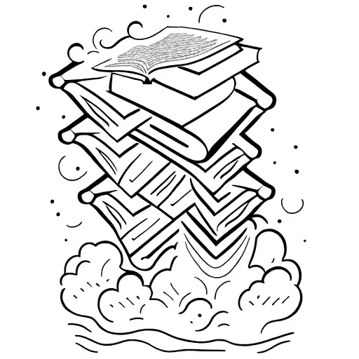 Black Girl with a stack of books around her. one of those books is open and a waterfall is coming out of it tattoo design idea