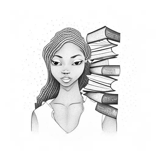 Black Girl with a stack of books around her. one of those books is open and a waterfall is coming out of it tattoo design idea