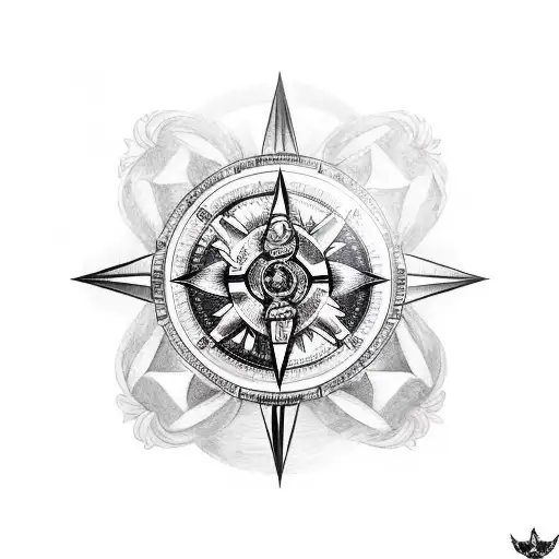 A blackwork compass with a wolf and eagle intertwined around it tattoo design idea