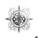 A blackwork compass with a wolf and eagle intertwined around it tattoo design idea