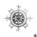 A blackwork compass with a wolf and eagle intertwined around it tattoo design idea