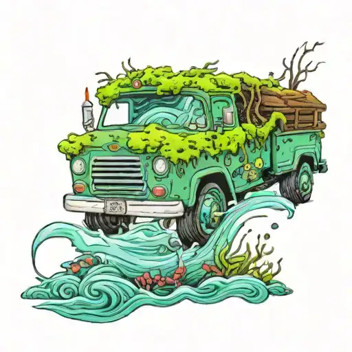 truck at the bottom of the ocean, truck covered with moss tattoo design idea