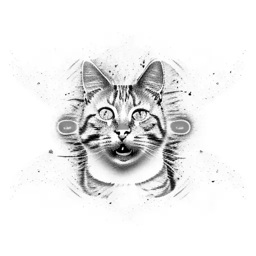 orange cat surrounded by bright smoke effect, 8k, open mouth hazel eyes tattoo design idea