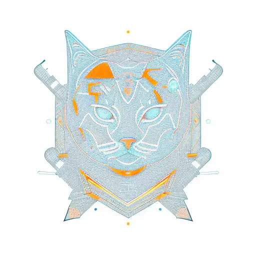 Minimalist medium quality vector art (neon line logo) depicting a tessellated geometric orange cat surrounded by bright  tattoo design idea