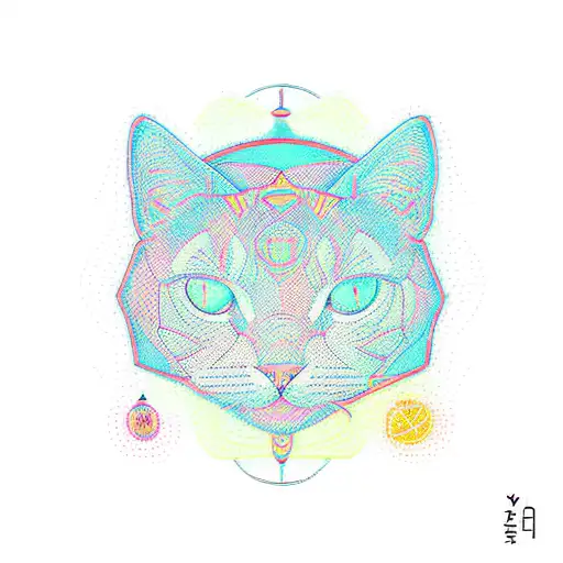 Minimalist medium quality vector art (neon line logo) depicting a tessellated geometric orange cat surrounded by bright  tattoo design idea