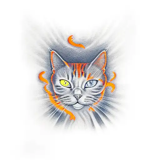 orange cat surrounded by bright smoke effect, 8k, open mouth hazel eyes tattoo design idea