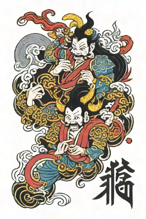 Chinese arm sleeve that tells the story of Raijin and Fujin tattoo design idea