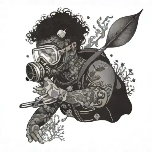 A dotwork design of a snorkeler exploring a vibrant underwater world filled with coral and exotic sea creatures tattoo design idea