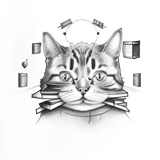 A cat and dog sitting on a stack of books, with mental health symbols floating above them tattoo design idea