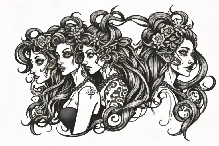 taurs and gemini sisters hair tangled together tattoo design idea