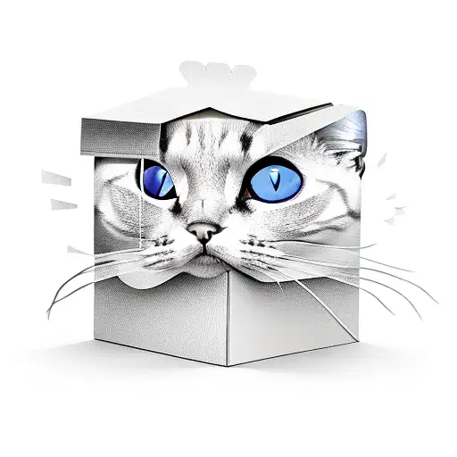 creepy smile cat head peeking in a box tattoo design idea