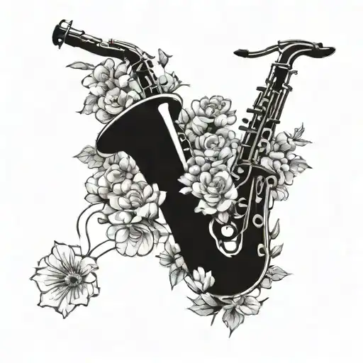 A saxophone intertwined with a bouquet of flowers growing tattoo design idea