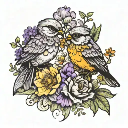 2 birds holding a bouquet of marigold, violets and narcissus flowers tattoo design idea