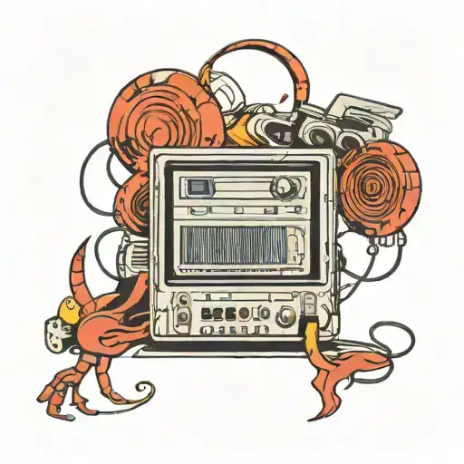 an audio monitor from the 2000s with the letter L in the center but smaller, music production style, LAPTOP AND PLUG tattoo design idea